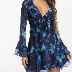 ASOS DESIGN ruffle tie front plunge mini dress with frill sleeves in black...